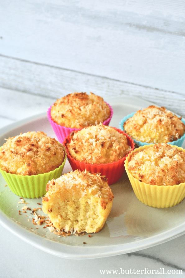 A plate of grain-free toasted coconut cupcakes.