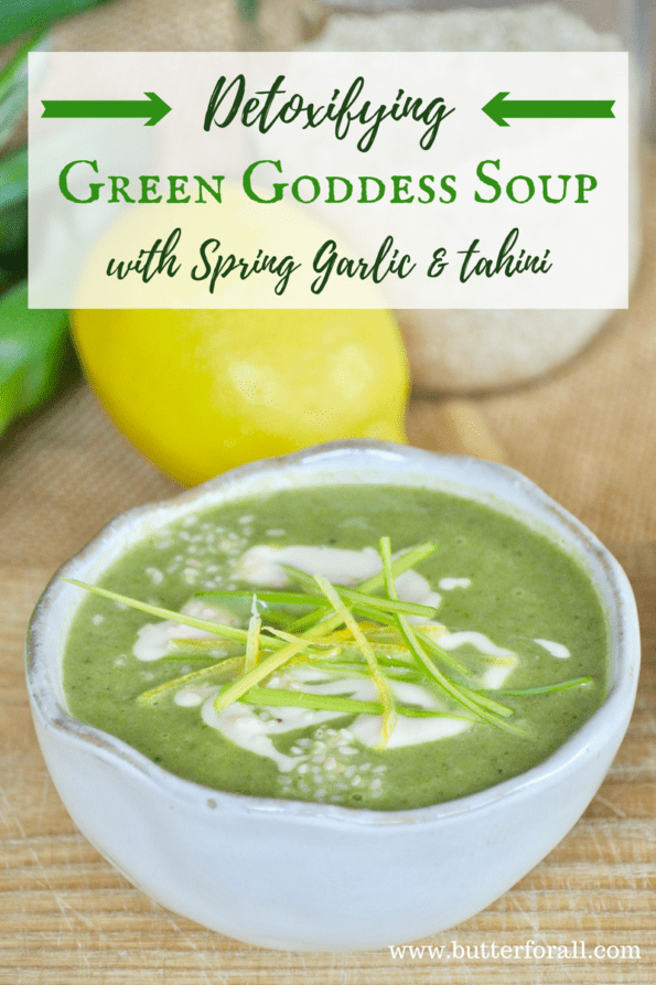 A bowl of green goddess soup with text overlay.