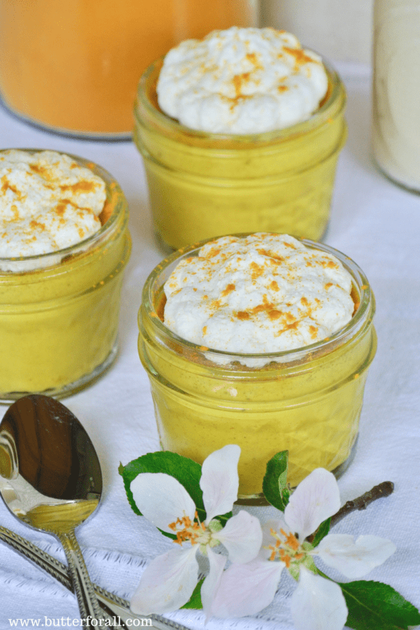 A rich, honey sweetened golden milk custard dessert .