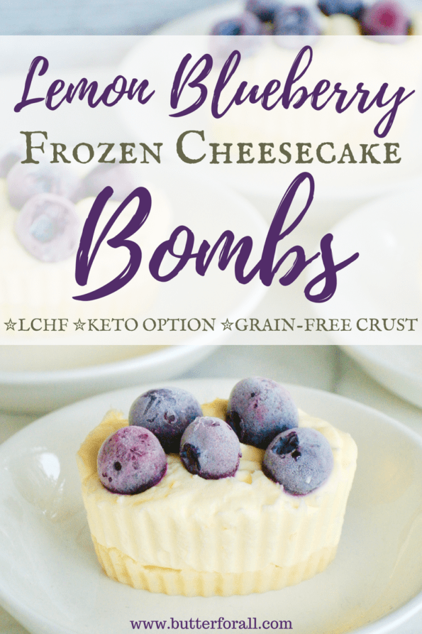 A frozen low-carb cheesecake on a plate with text overlay.