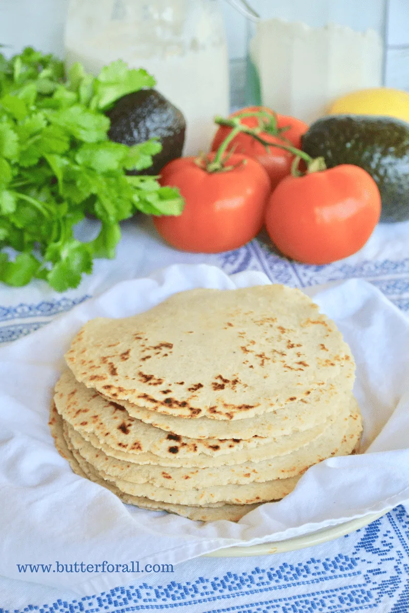 A big, hot stack of freshly made sourdough corn tortillas.