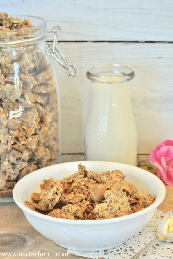 A bowl of soaked granola with coconut, macadamia nut, and chia seeds next to a glass jar of milk.