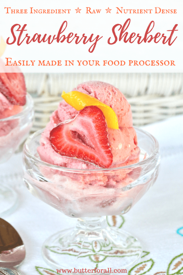 A glass dish of strawberry sherbert with text overlay.