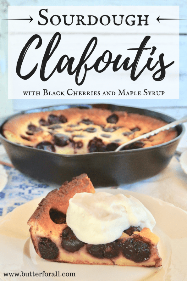 A pan of naturally sweetened clafoutis with text overlay.