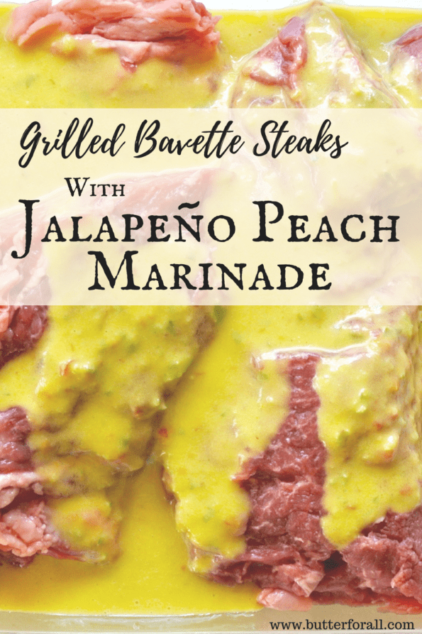 Bavette steaks being marinated in jalapeno peach marinade with text overlay.