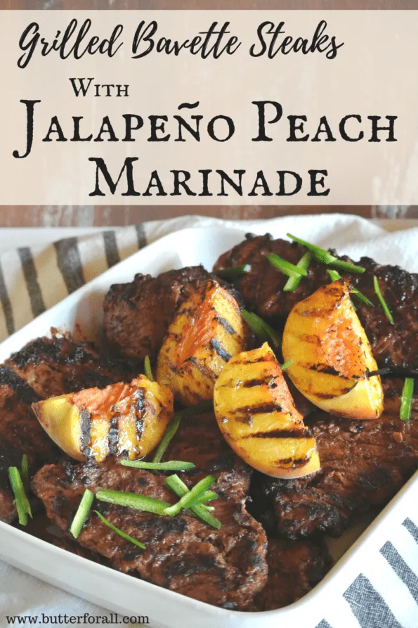 Bavette steaks marinated in jalapeno peach marinade with text overlay.