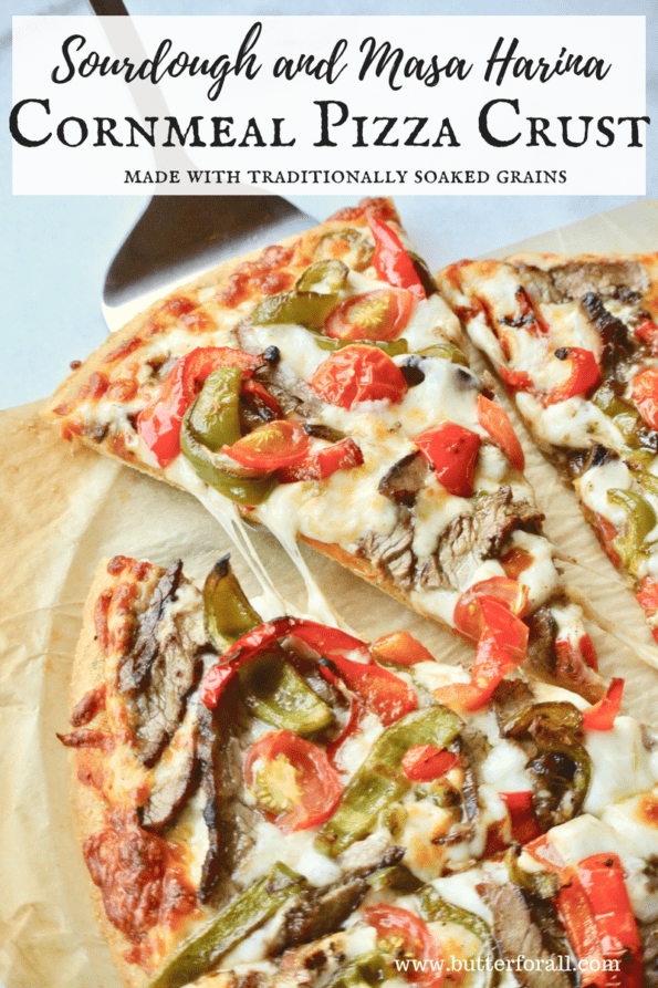 A traditionally prepared, soaked grain pizza crust with text overlay.