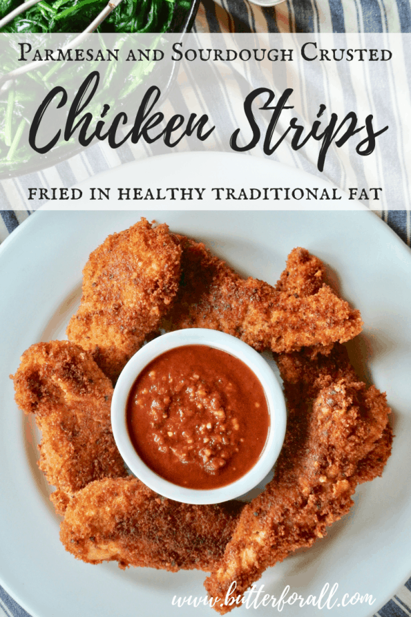 A plate of crispy chicken strips coated in real sourdough bread crumbs and Parmesan cheese with text overlay.