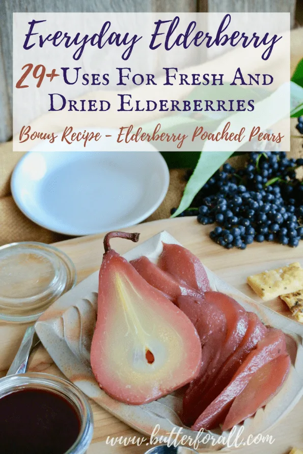 Elderberry poached pears with text overlay.