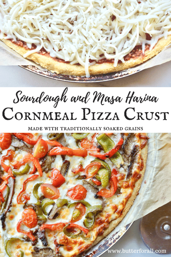 A collage of pizzas with sourdough and masa harina cornmeal crusts with text overlay.
