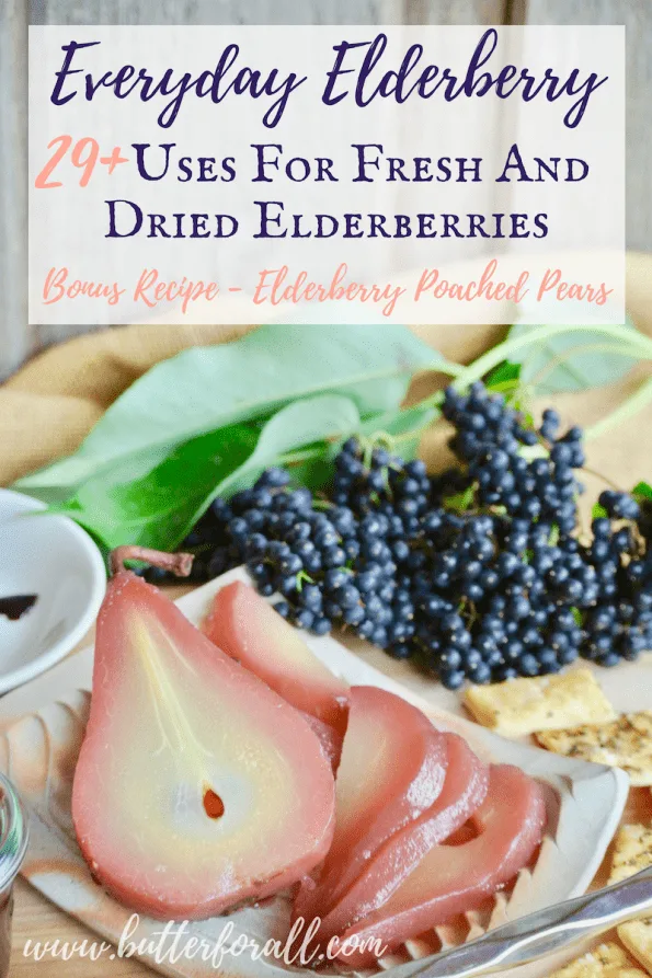 Elderberry poached pears with text overlay.