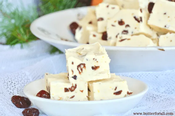 A platter of delicious cranberry orange coconut butter fudge.