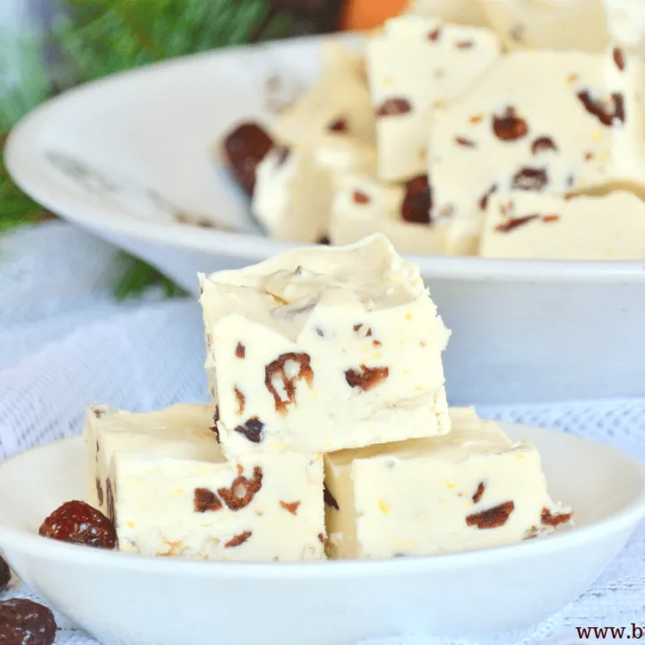 A platter of delicious cranberry orange coconut butter fudge.