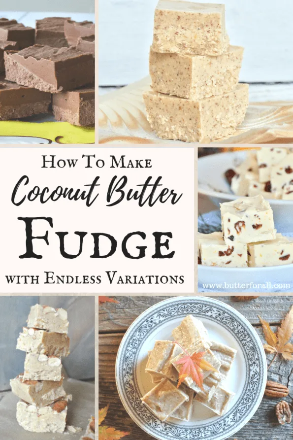 A collage of stacks of coconut butter fudge with text overlay.