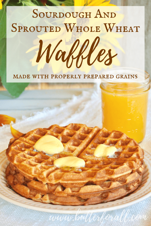 A stack of nourishing sourdough waffles with text overlay.