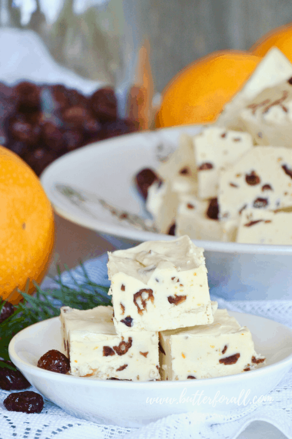 Dishes of honey-sweetened coconut butter fudge studded with dried cranberries and fresh orange zest.