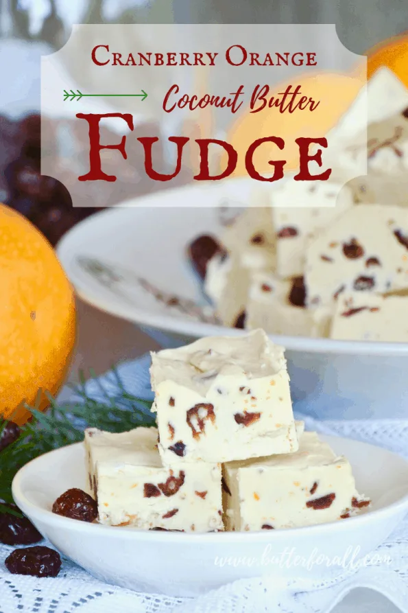 Dishes of honey-sweetened coconut butter fudge studded with dried cranberries and fresh orange zest with text overlay.