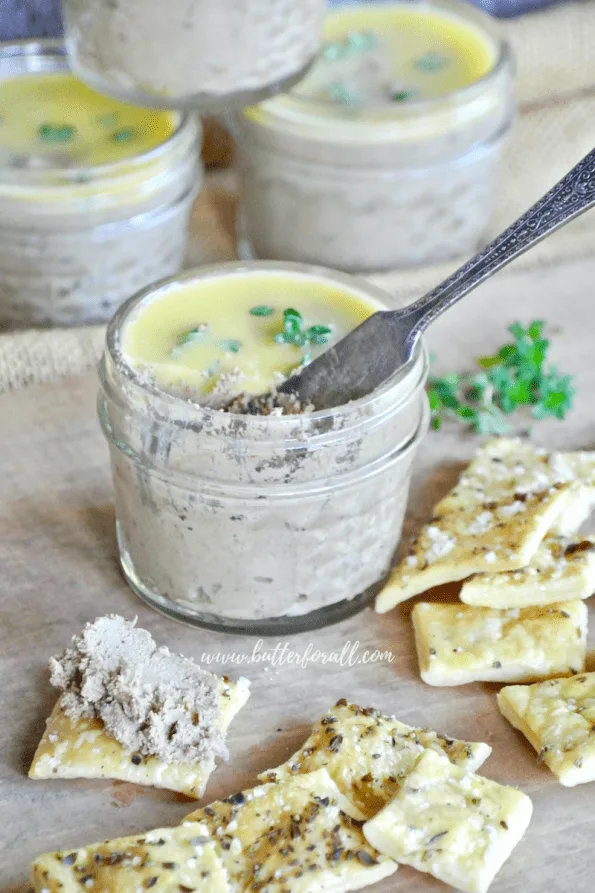 Close-up of pots of chicken liver pâté.