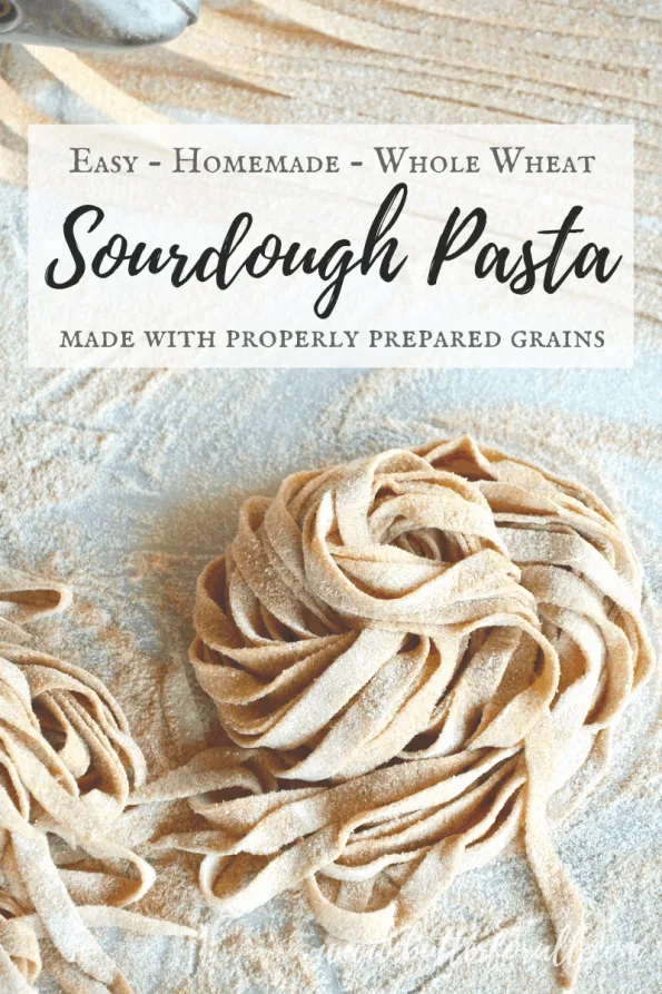 Uncooked sourdough noodles with text overlay.