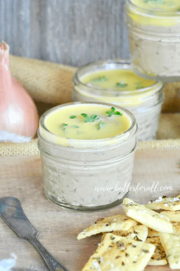 Beautiful little pots of chicken liver pâté made with real butter, pastured livers, shallots, thyme, and sweet cognac.