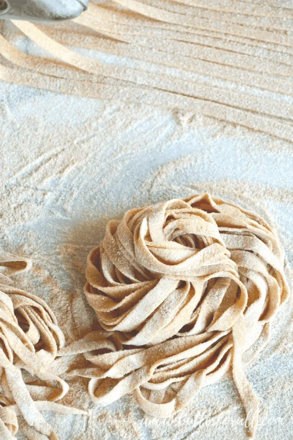 A close-up of uncooked sourdough noodles.