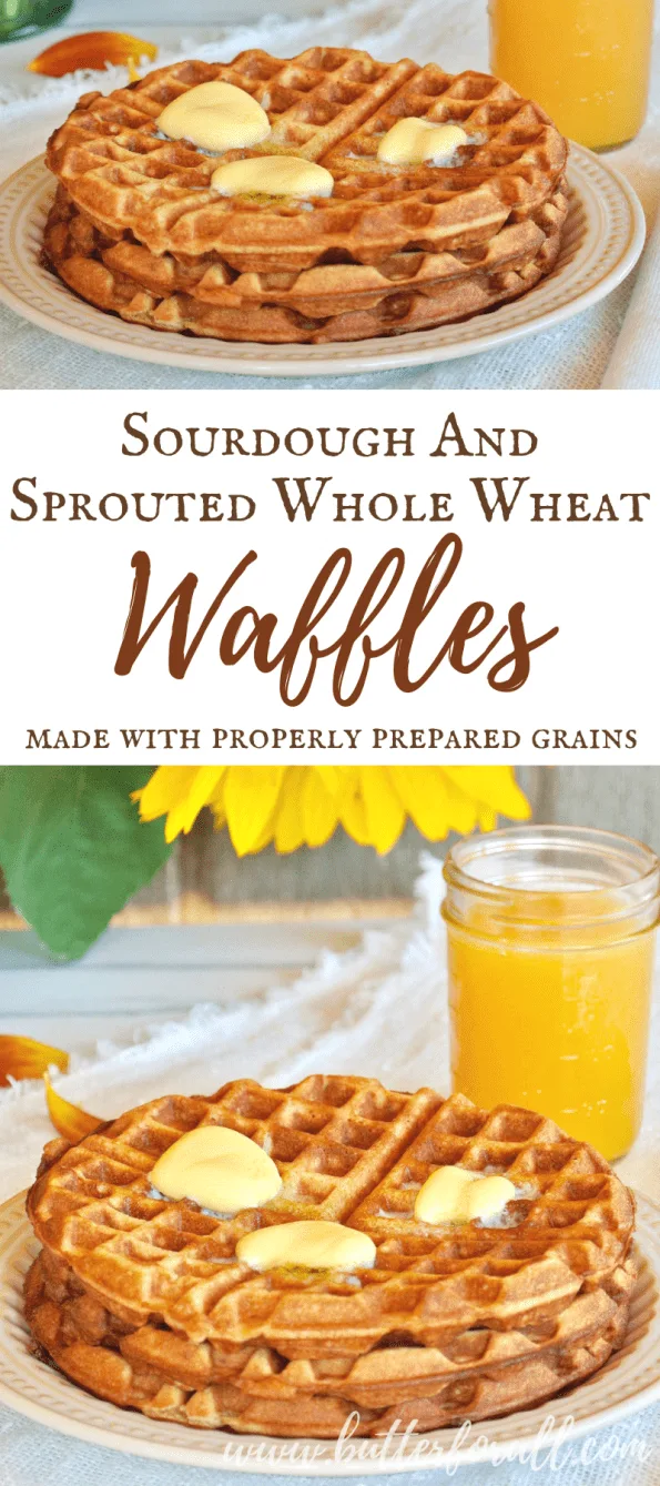 A stack of nourishing sourdough waffles with text overlay.