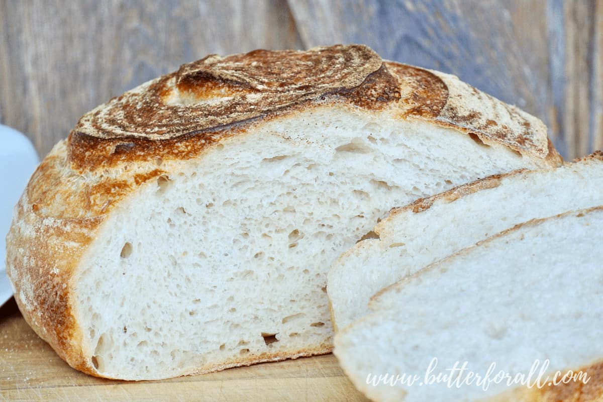 A soft and fluffy sourdough boule with a nice even crumb.