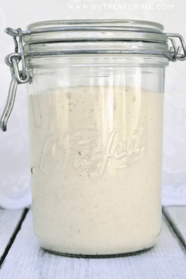 A jar with doubled sourdough starter.