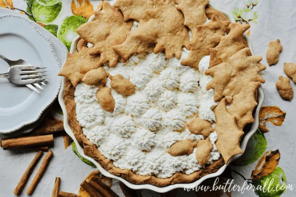 This beautiful Date Sweetened Winter Squash Pie has been decorated with Sweet And Buttery Sourdough Pastry Cutouts 
