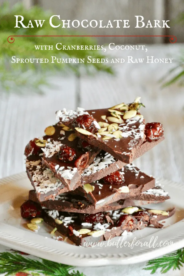 A stack of raw chocolate bark with text overlay.