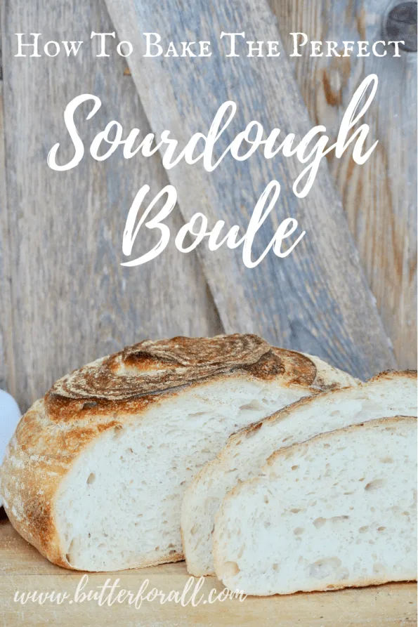 A sourdough loaf with text overlay.