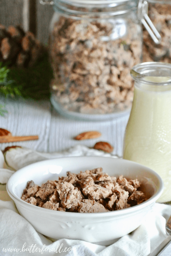 A big bowl of properly prepared cinnamon maple pecan granola just waiting for fresh raw milk.