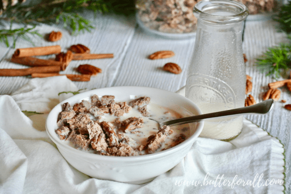 A big bowl of cinnamon maple pecan granola drenched in raw milk.