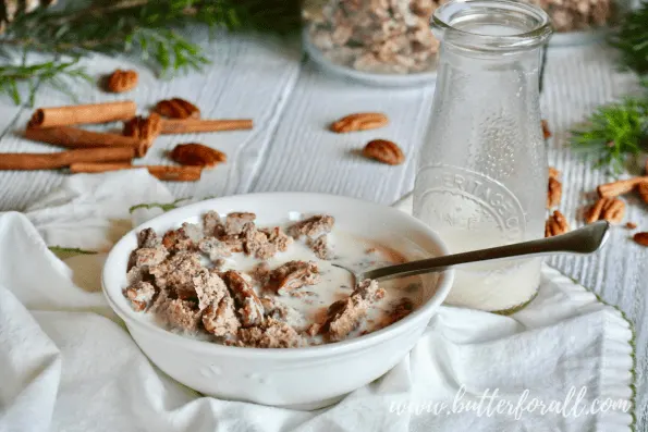 A big bowl of Cinnamon Maple Pecan Granola drenched in real milk!