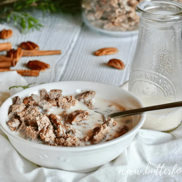 A big bowl of Cinnamon Maple Pecan Granola drenched in real milk!