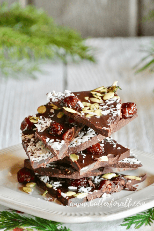 A stack of raw chocolate bark pieces topped with sweet and tart dried cranberries, nutty coconut, and salty sprouted pumpkin seeds.