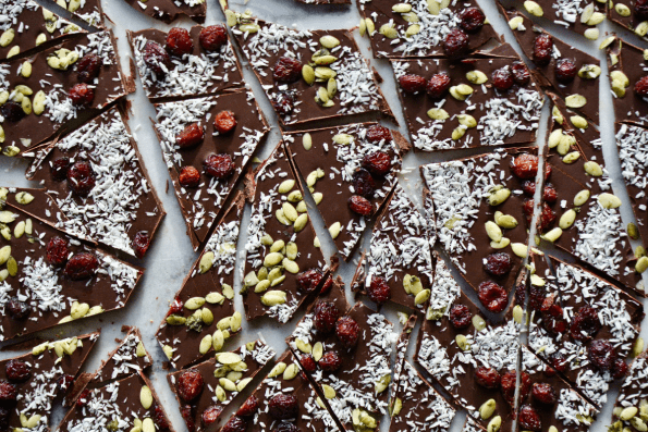 Chunks of raw chocolate bark.