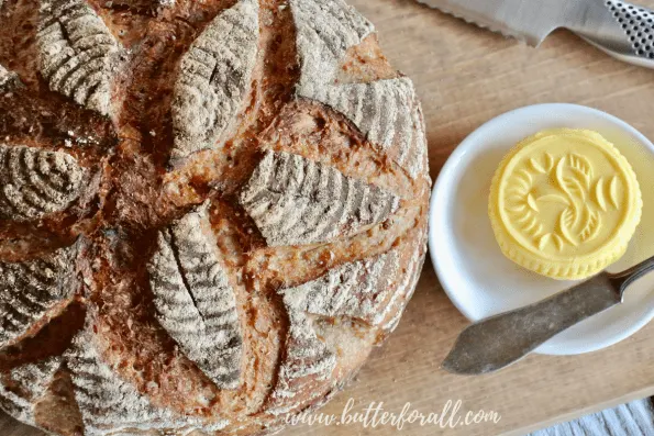 A beautiful big loaf of fresh whole grain sourdough.