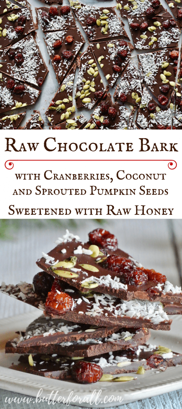 A collage of raw chocolate bark with text overlay.