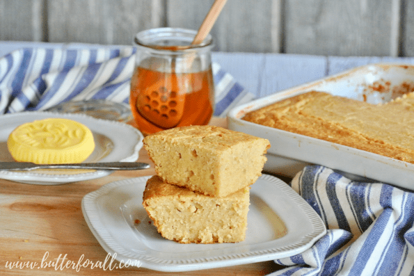 A plate of masa harina cornbread just waiting to be slathered in butter and raw honey.