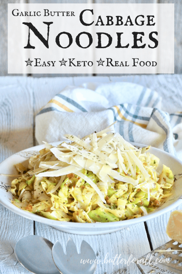 A bowl of keto-friendly cabbage noodles with text overlay.