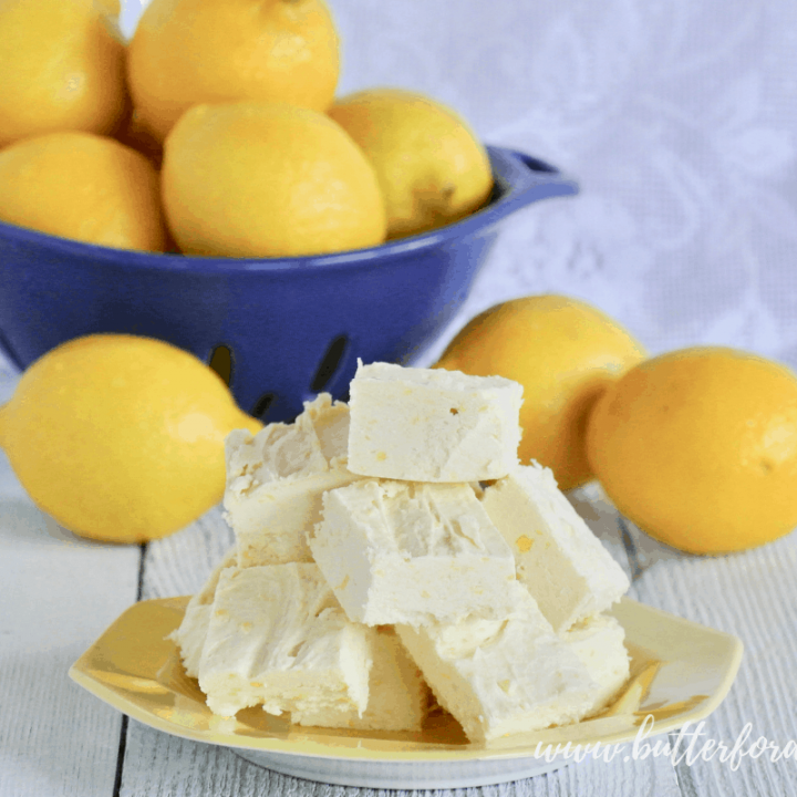 A plate of tart and tangy. light and fluffy, raw, honey sweetened, coconut butter fudge.