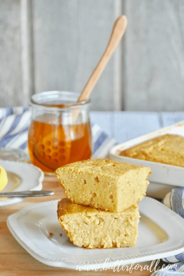 Slices of masa harina cornbread on a plate.