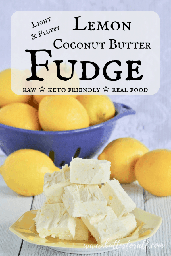 A plate of lemon coconut butter fudge with text overlay.