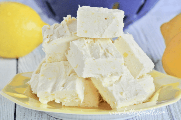 A close-up on the light and fluffy texture of this raw, honey-sweetened, super lemony, coconut butter fudge.