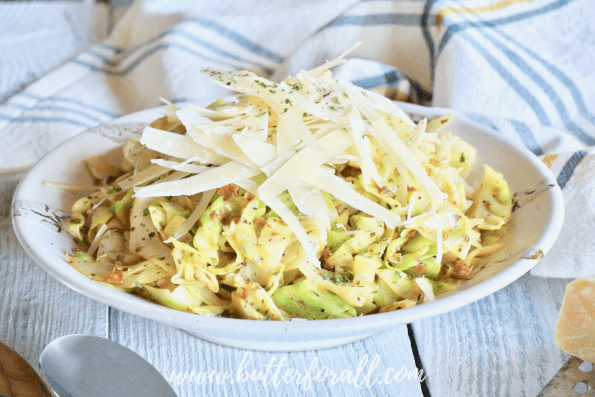 Freshly cooked garlic butter cabbage noodles topped with lots of real Parmesan cheese.