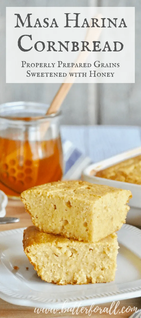 Slices of masa harina cornbread with text overlay.