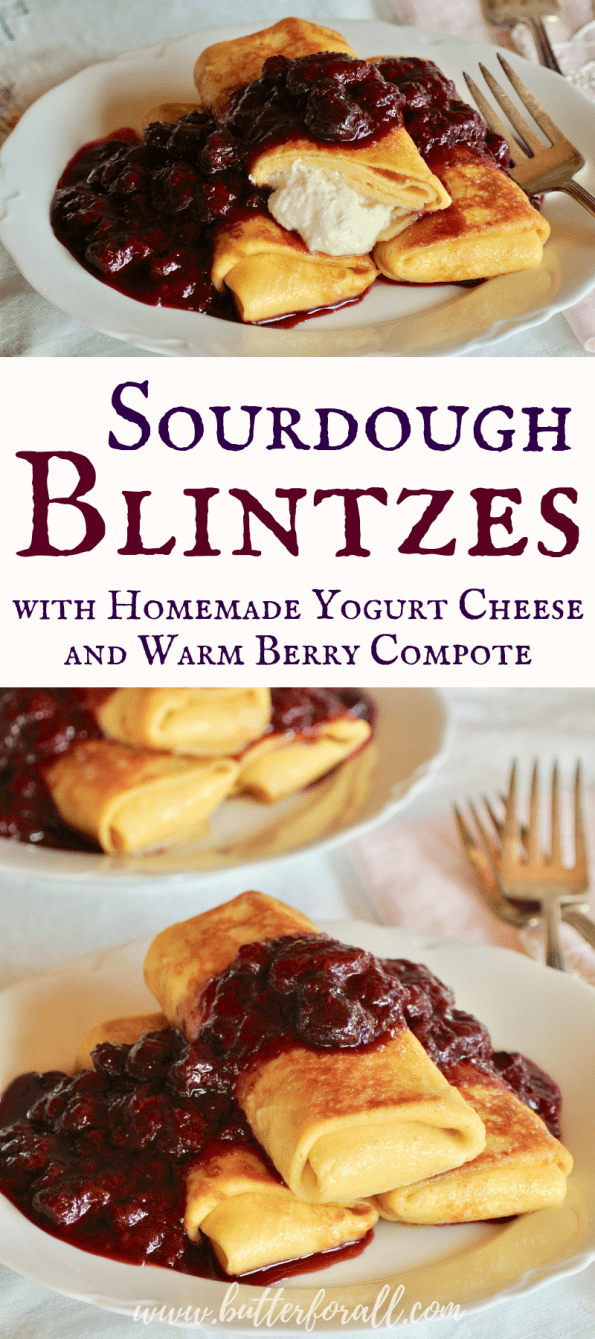 A collage of sourdough blintzes with text overlay.