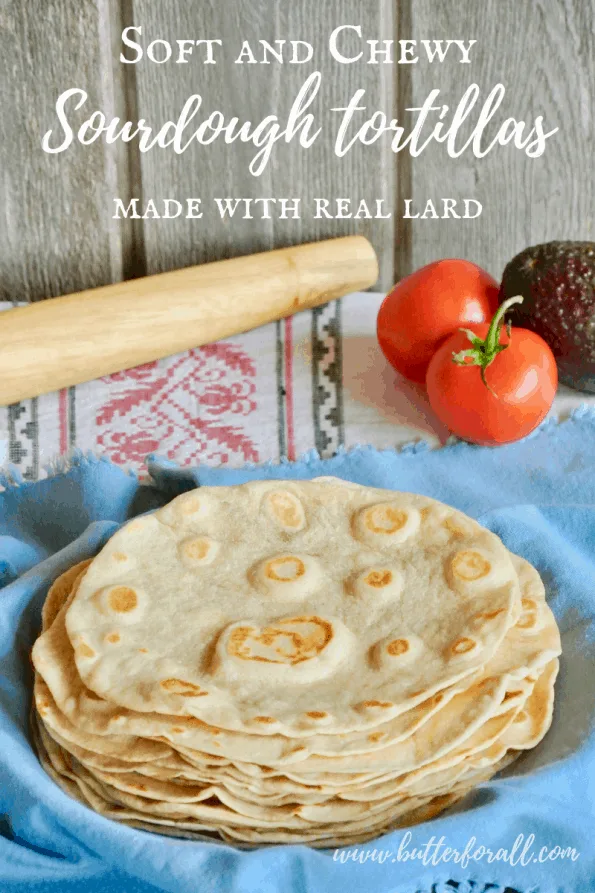 A stack of soft and chewy tortillas with text overlay.