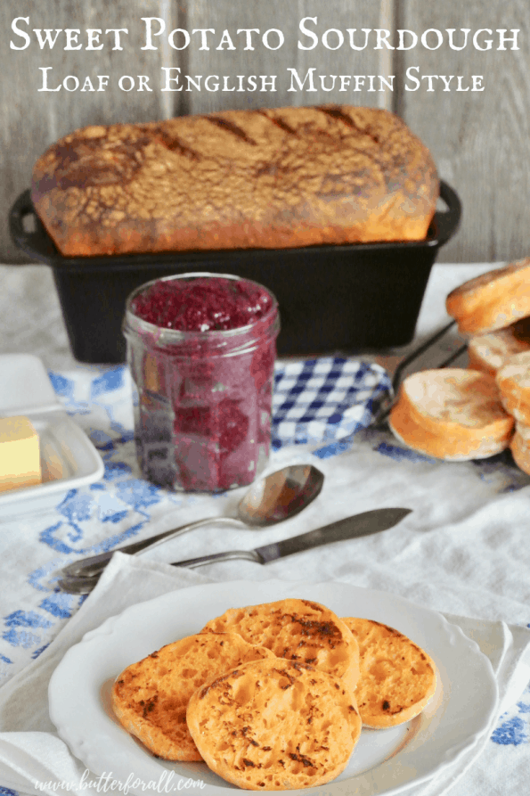 A sweet potato sourdough loaf and a stack of English muffins with text overlay.